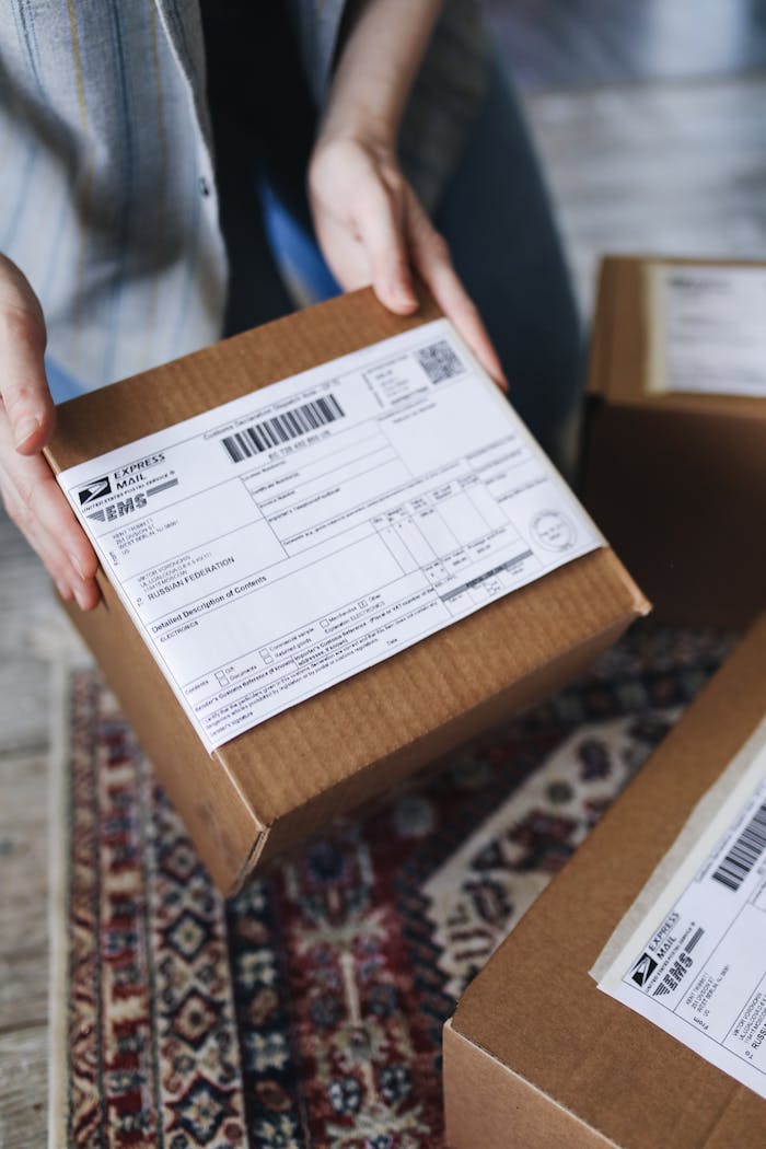 Close-up of hands holding a package with a visible shipping label, perfect for delivery themes.