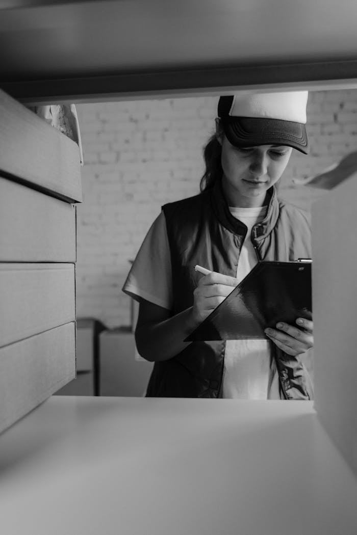Woman in a puffer vest marks a checklist among shipment boxes in a warehouse.